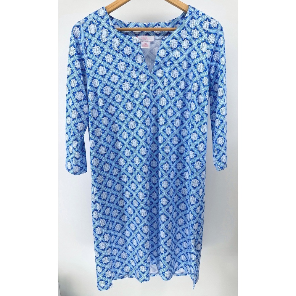 Stella Parker Tunic Dress Womens M Blue White Geometric 3/4 Sleeve Resort